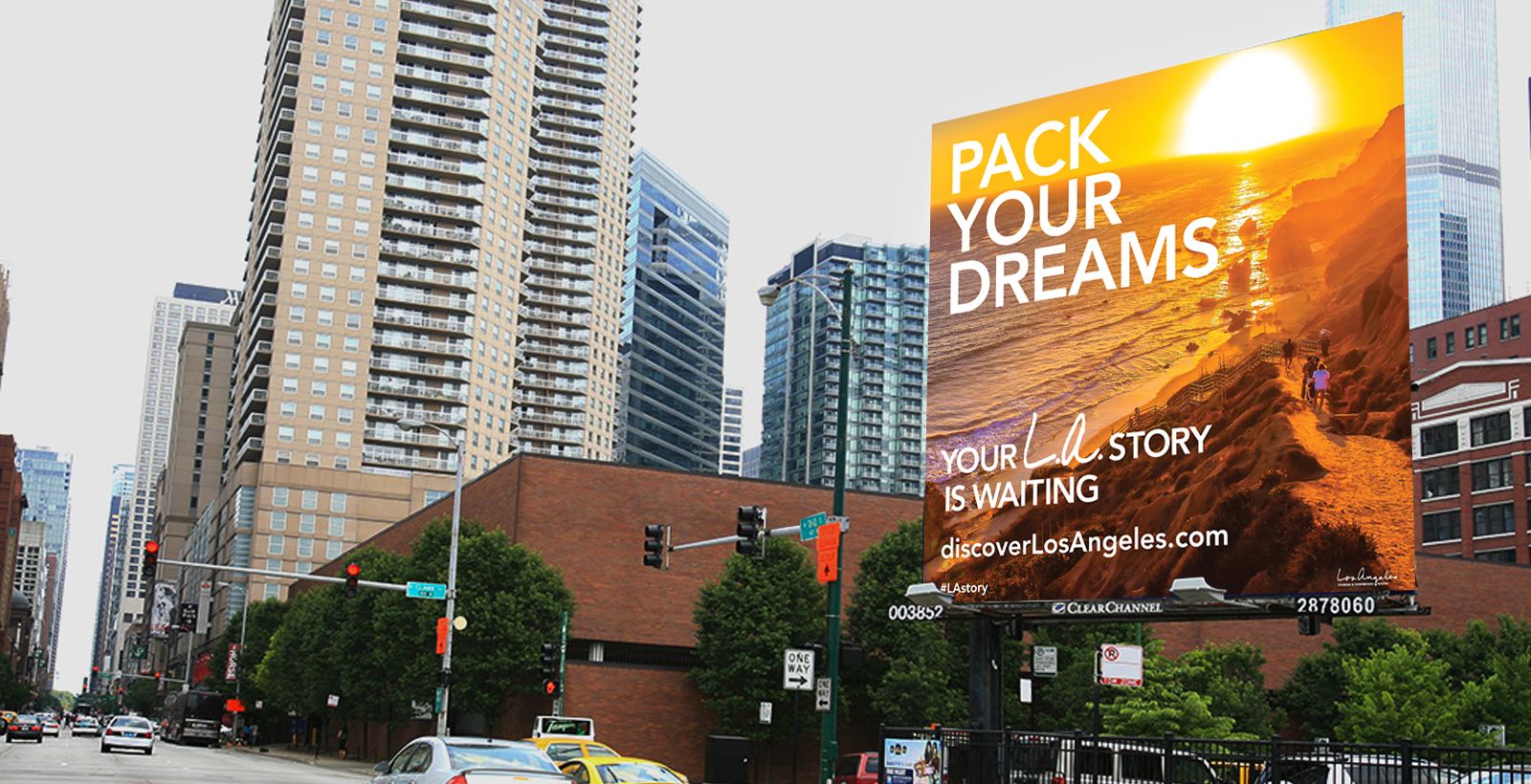 LA Tourism Billboard ad - pack your dreams with sunset image