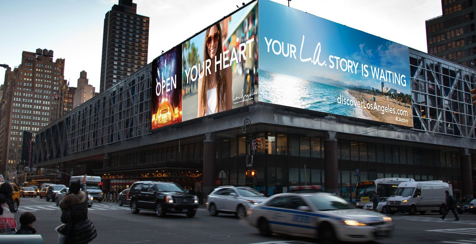 what's your LA story campaign billboard at NYC Port Authority building